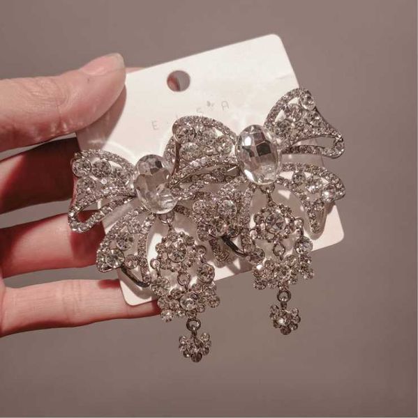 

dangle & chandelier women exaggerated fashion big gem bowknot tassel zircon sparkling earrings, Silver