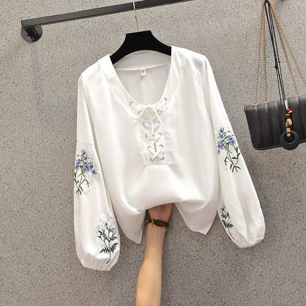 

Vintage Plus Female Bohemian Floral Chique Embroidered Beach Long Sleeve Shirt Loose Cross-straps Tops Le6k, White