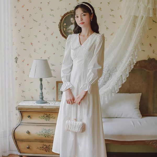 

casual dresses temperament gril white dress lace sweet decoration lapel chic gentle lady flare sleeve french elegant autumn 2021, Black;gray