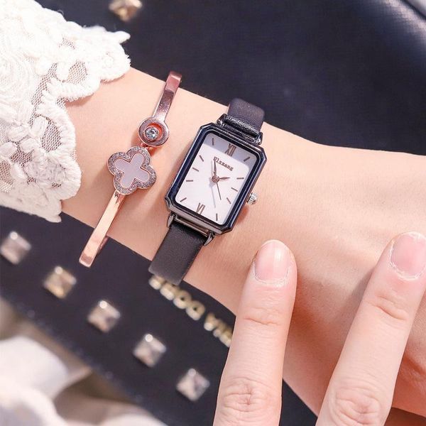 

wristwatches women fashion black leather watches retro rectangle watch elegant ladies quartz ulzzang brand simple female clock, Slivery;brown