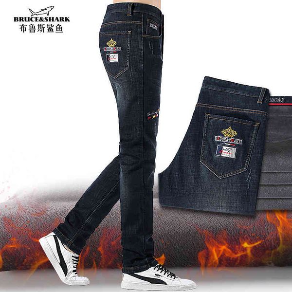 

winter fleece jeans fashion casual embroidery straight stretch heavyweight big size 42 men pants, Blue