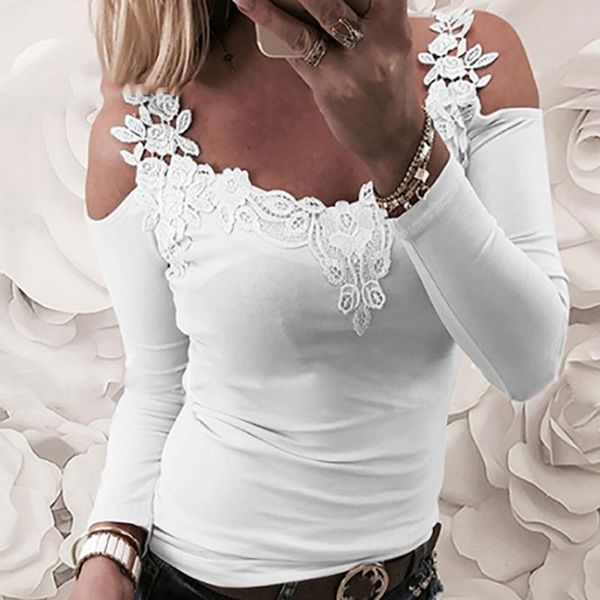 

women spring lace long sleeve t-shirt bandage tee shirt femme elegant fashion t shirt off shoulder ladies streetwear, White