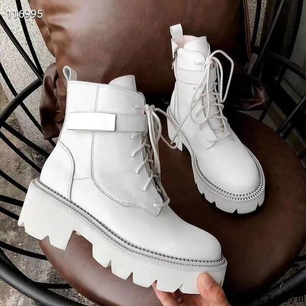 

boots bead embed thick platform brand metal belt buckle shoes cow leather lace up ankle side zipper streetwear, Black