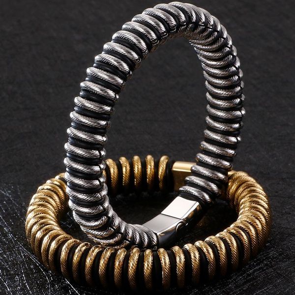 

link, chain luxury golden stainless steel & leather men bracelet 13mm wide men's bracelets bangles cowhide male jewelry with magnet cla, Black