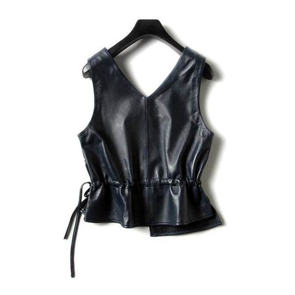 

leather vest women coat v neck a line slim party club elegant jacket sleeveless feminino 211120, Black;white
