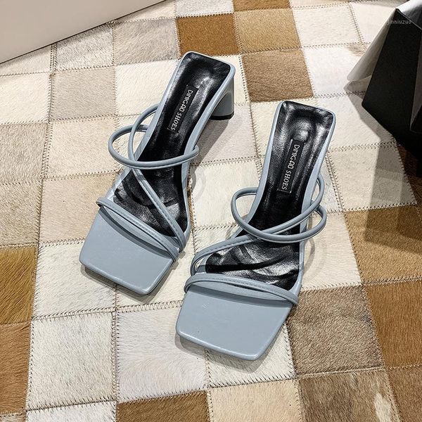 

slippers summer women square toe sandals ladies pu leather plaid outside thin high heels female fashion woman shoes rome1, Black