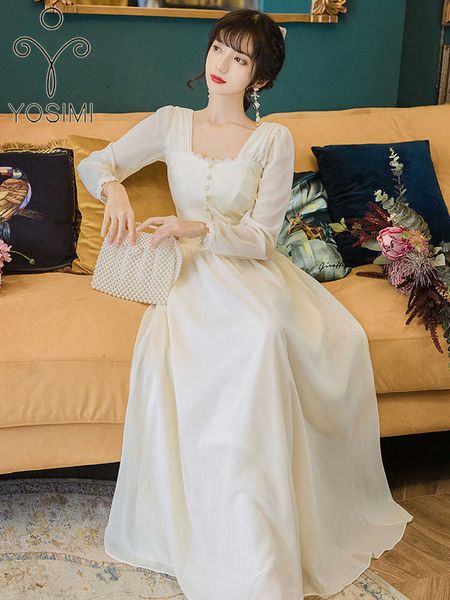 Yosimi Beige длинное платье для женщин летом и вспышки среднего теленка рукава шифоновые кружевные платья элегантные 210604