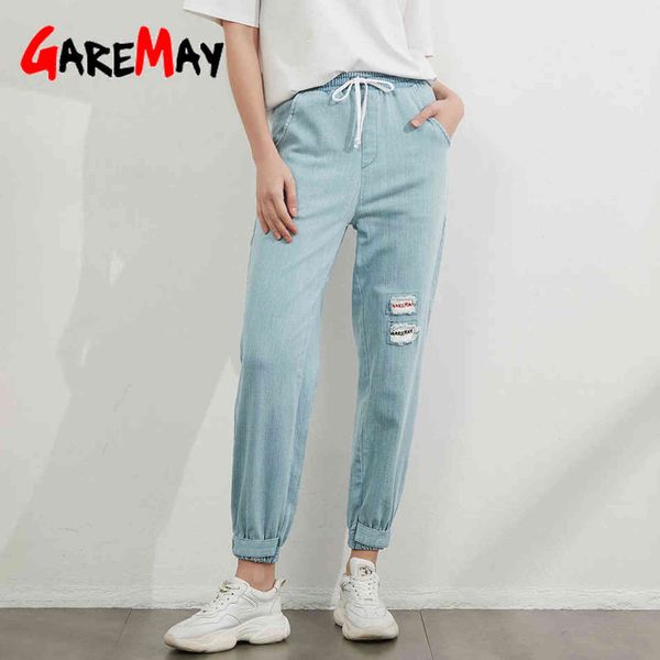 

garemay summer women's boyfriend jeans distressed vintage loose soft denim pants embroidered mom fit harem for women 211129, Blue