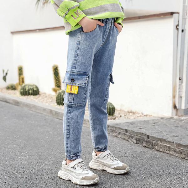

jeans ins girls 4-13 years old cotton washed kids korean yellow label pocket overalls pants for baby girl, Blue