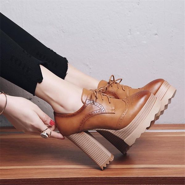 

dress shoes pxelena fretwork super block high heels oxfords platform lace up office party formal pumps ladies 2021, Black