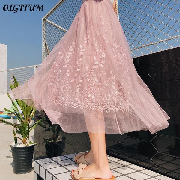 

skirts women midi skirt summer floral embroidery a-line tutu lace mesh elegant tulle long pleated female, Black
