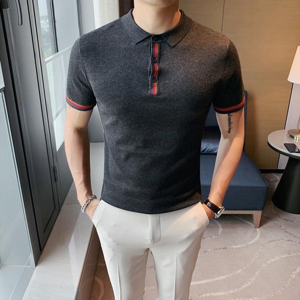 

fashion contrast color knitted shirt men polos plus size dark gray solid short sleeve golf, White;black