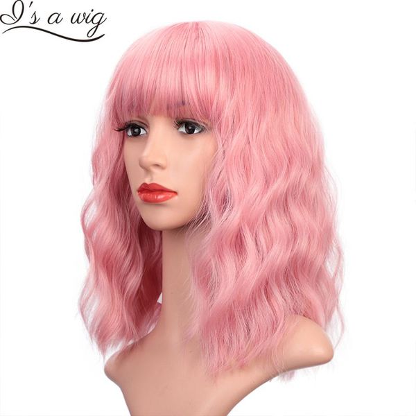 

synthetic wigs i's a wig pink short water wave bob for women with bangs black brown red orange natural hairline