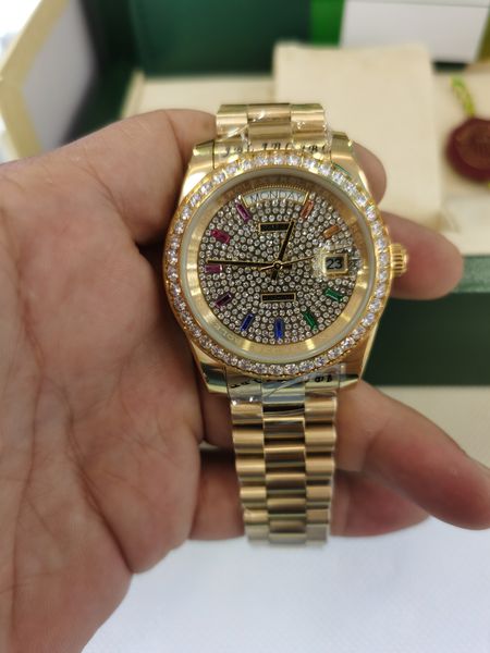 

with original box selling luxury watches wristwatch 18k yellow gold diamond dial & bezel 18038 automatic mens men's watch 2813, Slivery;brown