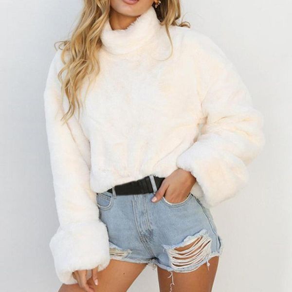 

women's sweaters faux fur lambswool hoodies women 2021 autumn winter ware hairly turtleneck pullovers white casual hoodie sweatshirt #8, White;black