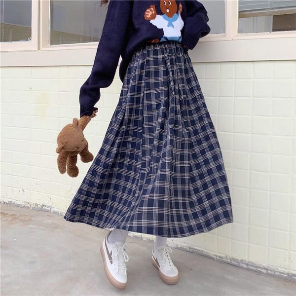 

skirts japanese harajuku women midi skirt spring autumn high waist plaid female saias ulzzang streetwear elegant long, Black