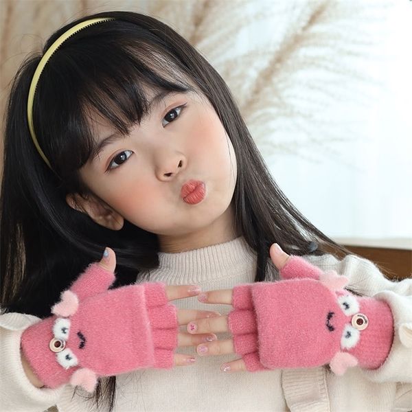 

gloves winter children lovely warm crystal velvet half finger student cold proof flip knitted wool jacquard gloves, Black