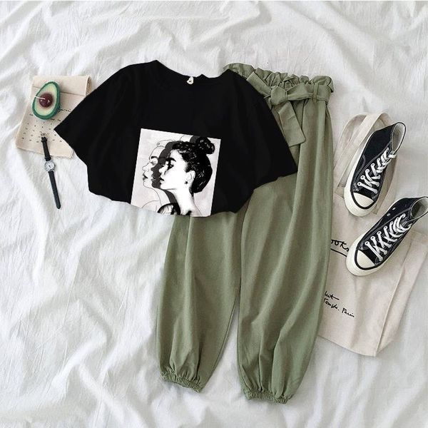 

7 colors printed girl tshirt and pants two piece set women fashion outfits casual 2 piece suit korean clothing summer 2021, Gray