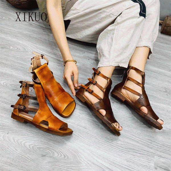 

sandals xikuo women's shoes retro zipper leather 2021 fashion buckle casual flat with handmade ladies, Black