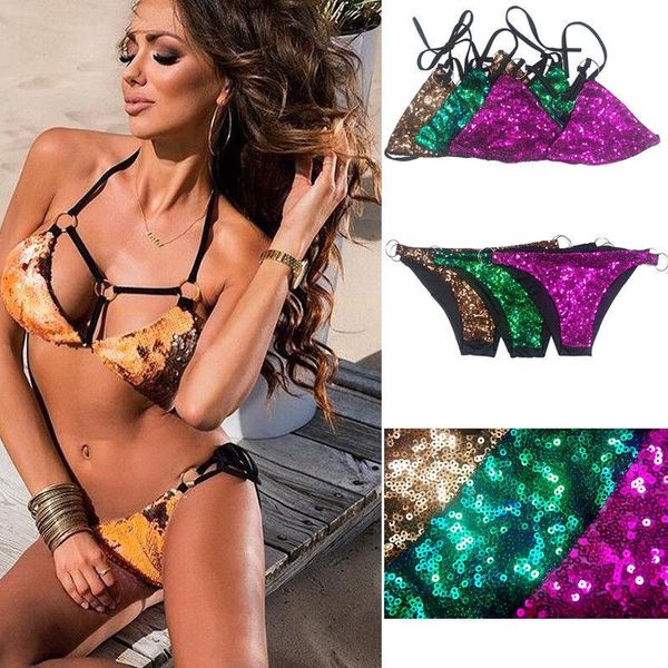 

one-piece suits women bikini set est 2021 swimwear push-up padded bra bandage paillette beachwear
