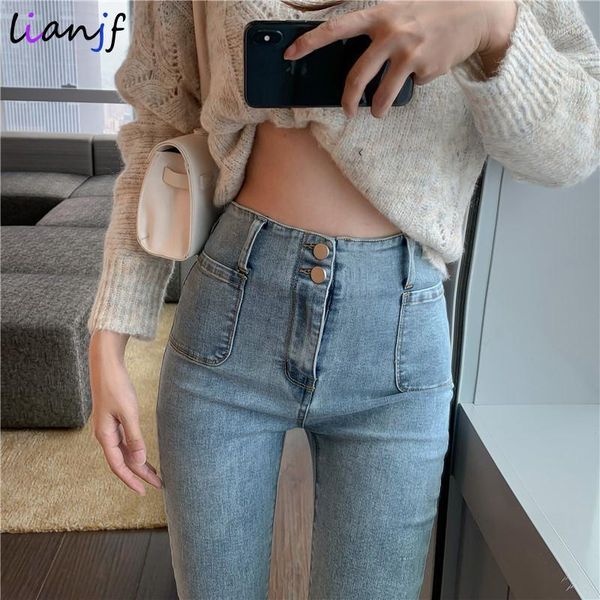 

women's jeans casual single breasted double button korean style streetwear autumn skinny denim trousers woman vintage stretch pencil pa, Blue