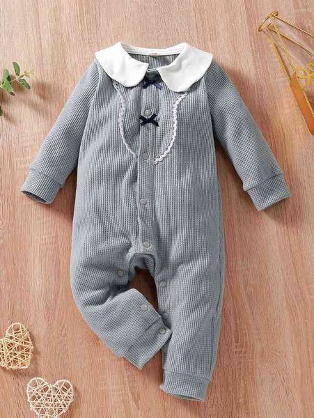 

baby contrast collar guipure lace trim bow front jumpsuit she, Blue