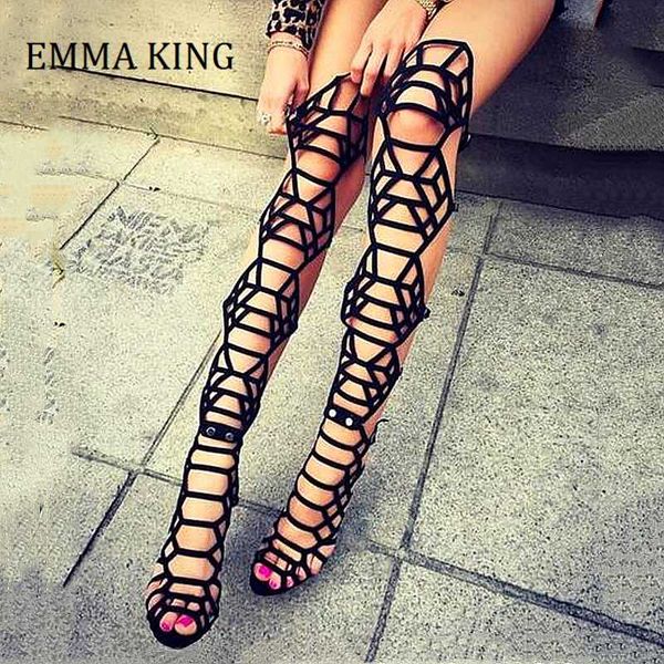 

boots 2021 fashion suede open toe over the knee high gladiator thin heels women's shoes black straps sandal