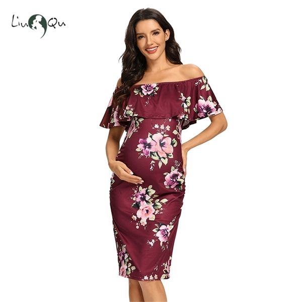 Feminina Floral Ruffle Off Ombro Maternidade Vestido sem mangas Gravidez Roupas Elegante Fitted Bodycon para Chuveiro 210922