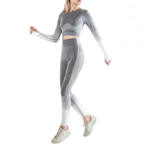 

arrival luxury seamless ombre yoga set fitness workout high waist leggings long sleeve striped women outfit