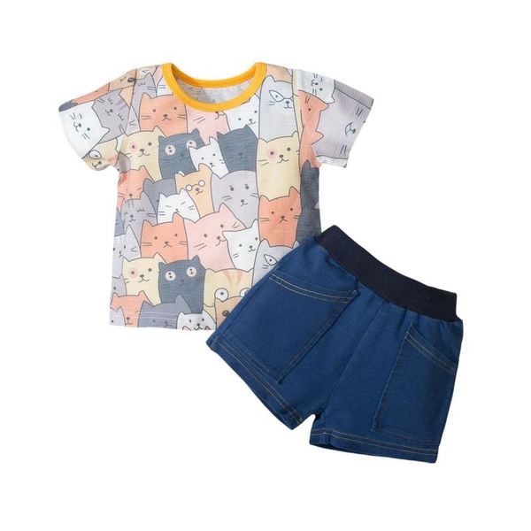 

clothing sets 2021 3-18m sweet infant baby girl clothes cartoon cat print short sleeve t-shirt denim shorts summer 2pcs set, White