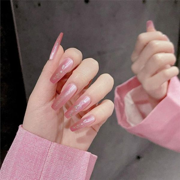 

false nails women fashion ballerina full cover manicure tool gold foil long coffin nail tip tips fake wearable, Red;gold