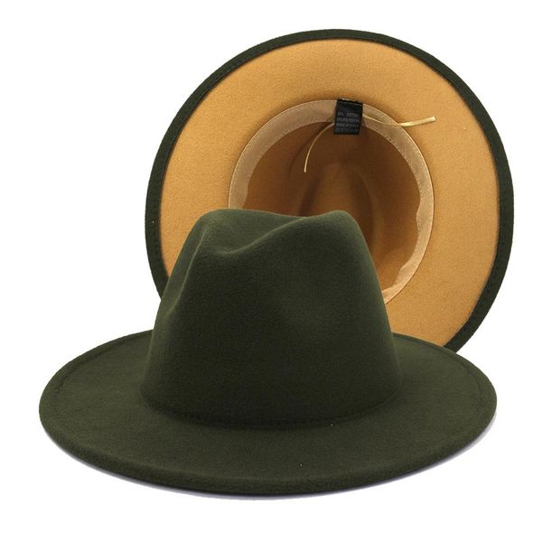 

2021 outer tan inner olive green two side party festival faux wool felt big brim jazz fedora hat for women men casual dress cap, Blue;gray