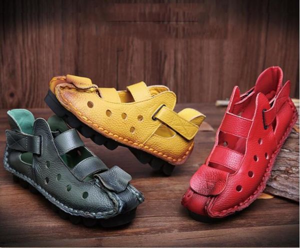 

sandals red genuine leather women flats hollow woman shoes summer women's loafers breathable beach female big size 35-42, Black