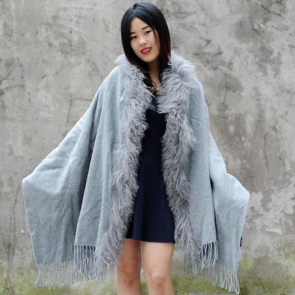 

scarves cx-b-p-04b mongolian lamb fur trim cashmere shawls drop, Blue;gray