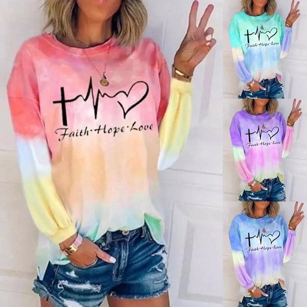 

fashion women letter tie-dye printing t-shirt o-neck long sleeves sweatshirt autumn harajuku femme tee shirt streetwear, White