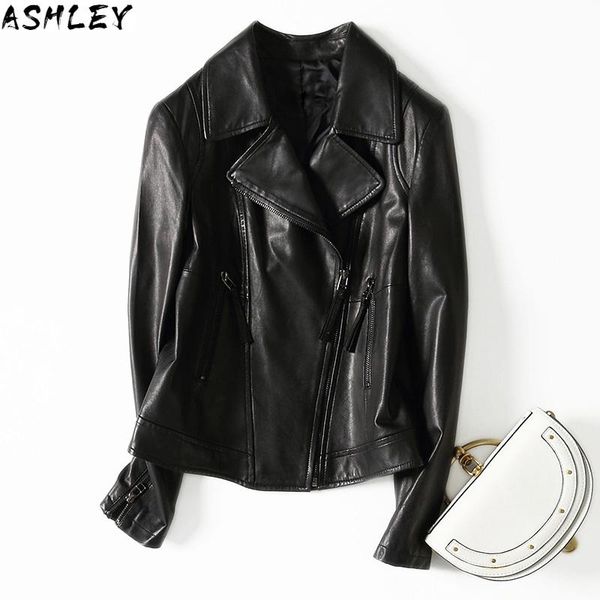 

women's leather & faux jacket genuine women motorcyle natural sheepskin coat female short autumn real 2021, Black