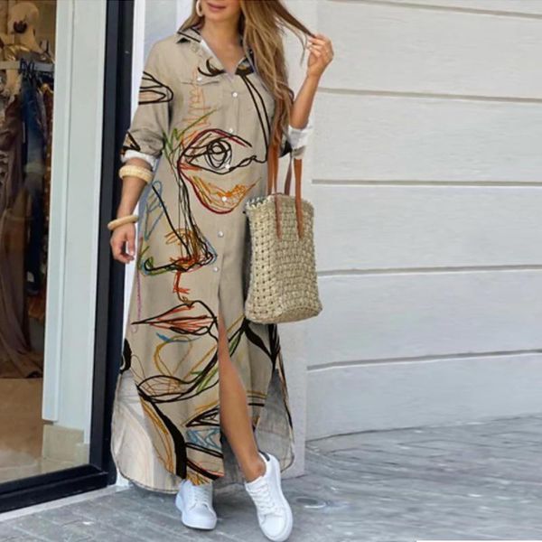 

casual dresses 2021 autumn shirt dress women fashion print single breasted long loose slit vintage turn-down collar beach, Black;gray