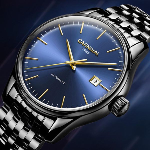 

wristwatches carnival fashion simple men's automatic mechanical watches stainless steel waterproof blue dial calendar relogio masculino, Slivery;brown