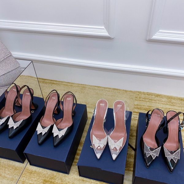 

spring and summer new fairy net red bag head sandal female wind bow tie transparent rhinestone pointed thin heels high single shoes, Black