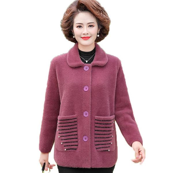 

women's wool & blends imitate mink fleece knitted coat middle-aged and elderly autumn winter jackets single-breasted large size woolen, Black