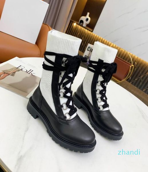 

21 brand luxury designer d-land lace-up boots back ring pull five-pointed star sole white elastic cotton embroidered socks size 35-42, Black