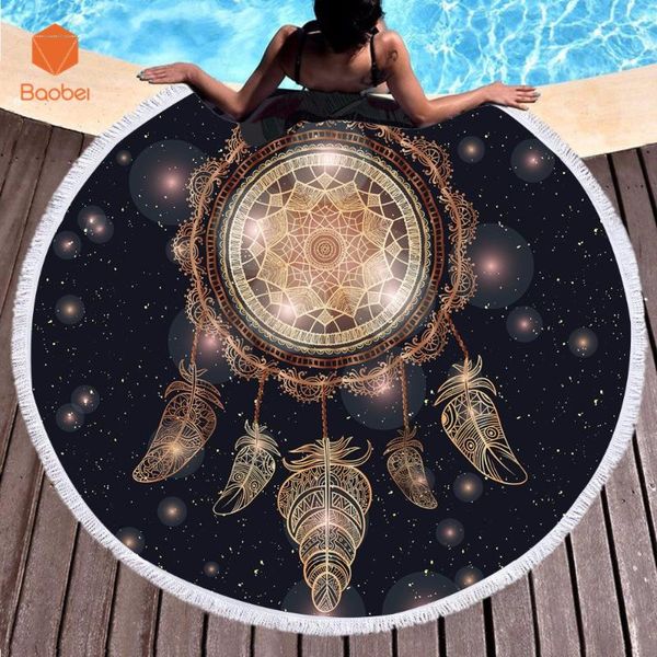 

towel golden feather microfiber soft round beach with tassel yoga mat blanket printed 150cm bath summeryj52