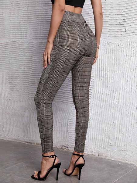 

high waist houndstooth skinny pants i4t9#, Black;white