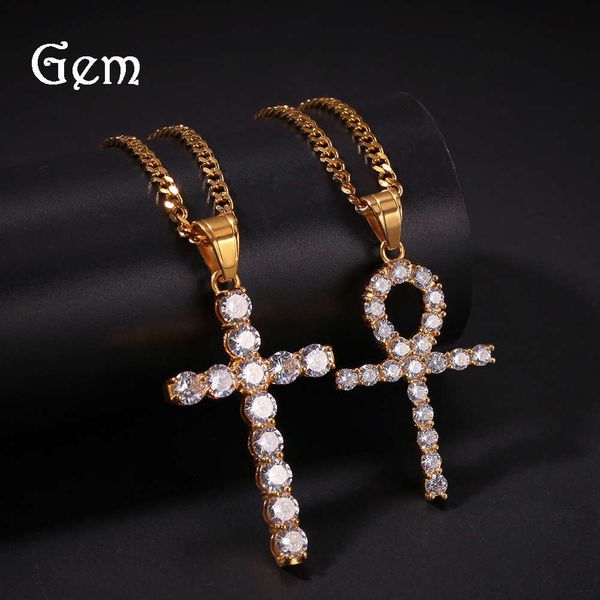 

hip hop fashion brand new zircon anhe cross pendant set stainless steel color preserving electroplating jewelry, Silver
