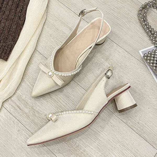 

70% off factory online pointed pearl bow back empty sandals 2021 summer new buckle thick heel fairy baotou single shoes, Black