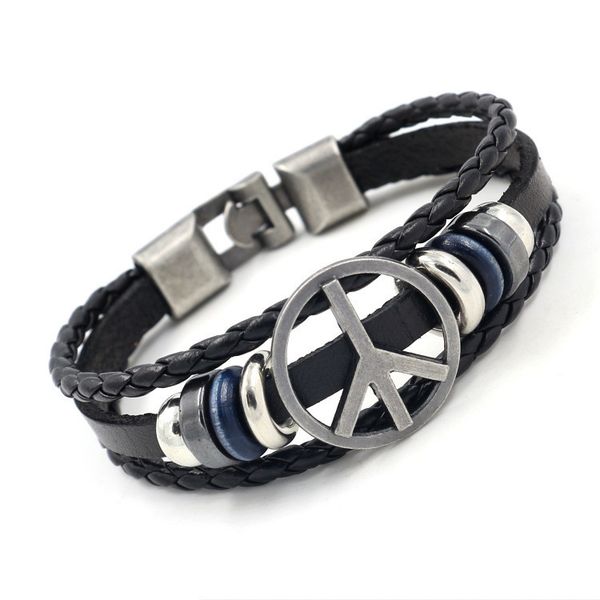 

wristbands peace sign cowhide bracelet selling leather woven beaded men's and women's universal punk beads bangles, Golden;silver