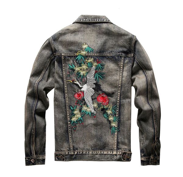 

2021 new men's male fashion casual crane embroidery long sleeve denim jacket vintage gray blue slim embroidered coat outerwear 2cjq, Black;brown