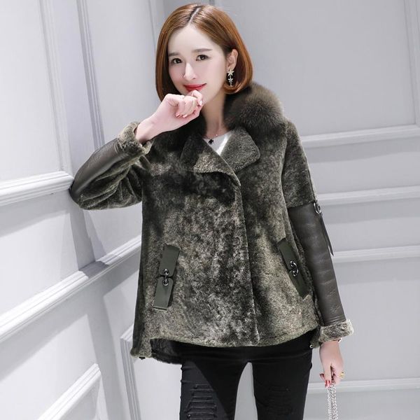 

women's fur & faux genuine wool coat collar female jacket vintage jackets for women 2021 sheep shearing casacos feminino zjt750, Black