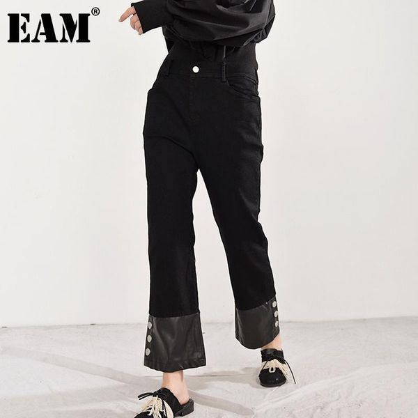 

women's pants & capris [eam] high waist black spliced pu leather straight trousers loose fit women fashion tide spring autumn 2021 1dd2, Black;white