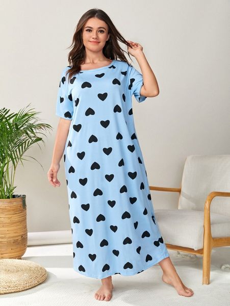 

plus allover heart print nightdress 83xj#, Black;white